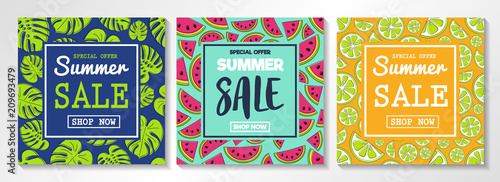 Collection of flyers for Summer Sales. Concept with watermelons, citrus fruits and tropical leaves. Vector.