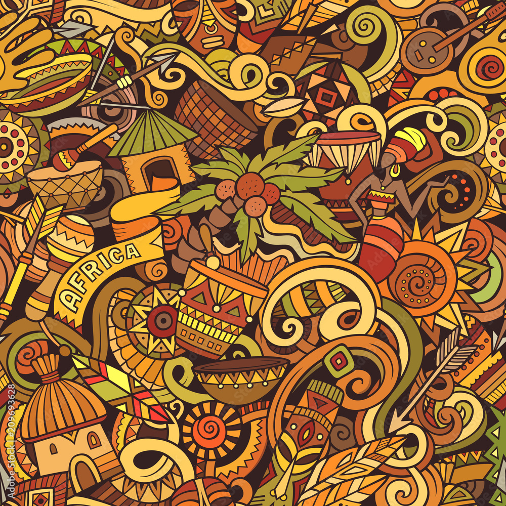 Naklejka premium Cartoon cute doodles hand drawn Africa seamless pattern