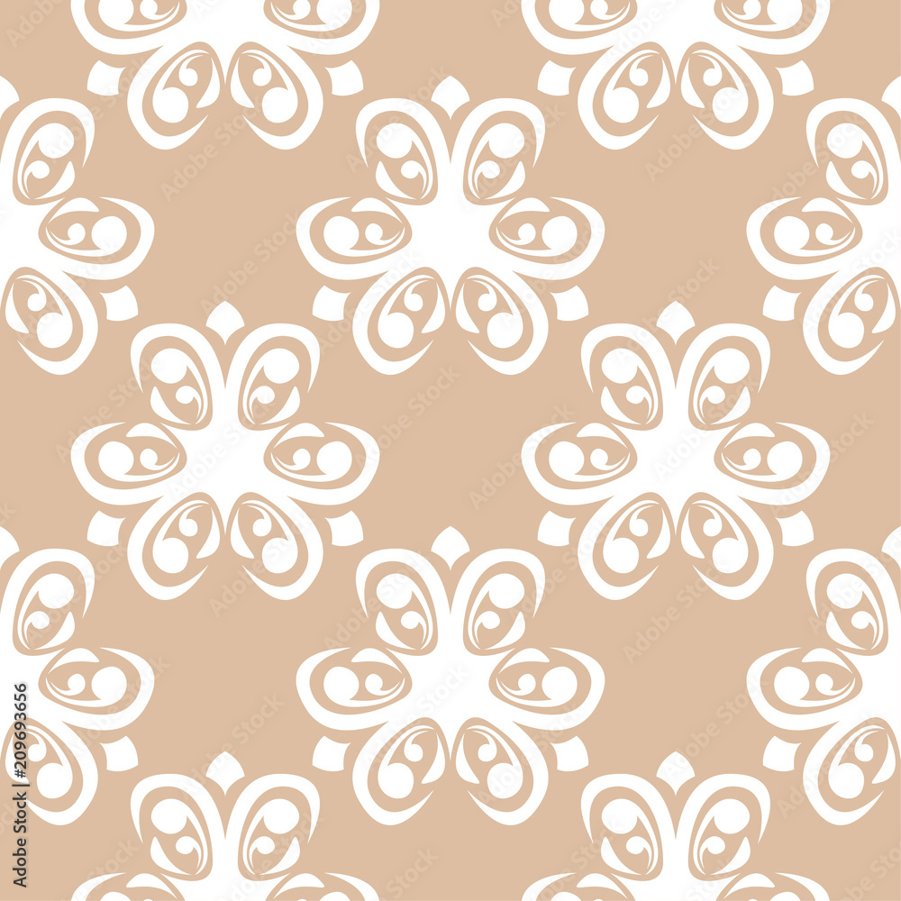 White floral seamless pattern on beige background White floral seamless pattern on beige background