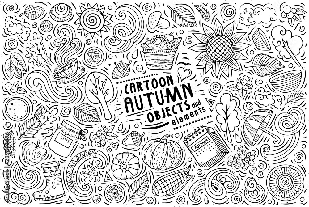 Vector doodle cartoon set of Autumn items, objects and symbols