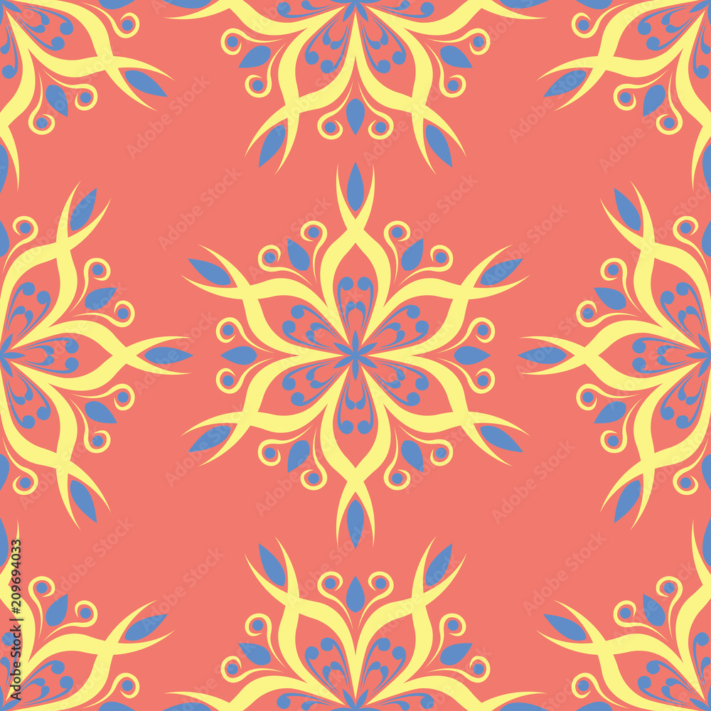 Fototapeta premium Flower design seamless pattern. Bright yellow and blue flower elements on salmon red background