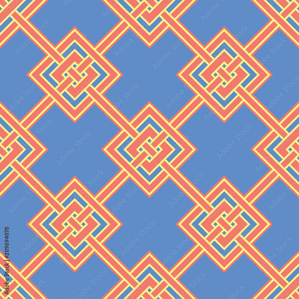 Fototapeta premium Orange seamless pattern. Bright geometric background with blue and yellow design