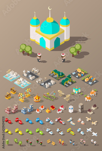 Build Your Own City . Set of Isolated Minimal City Vector Elements on Dark Background