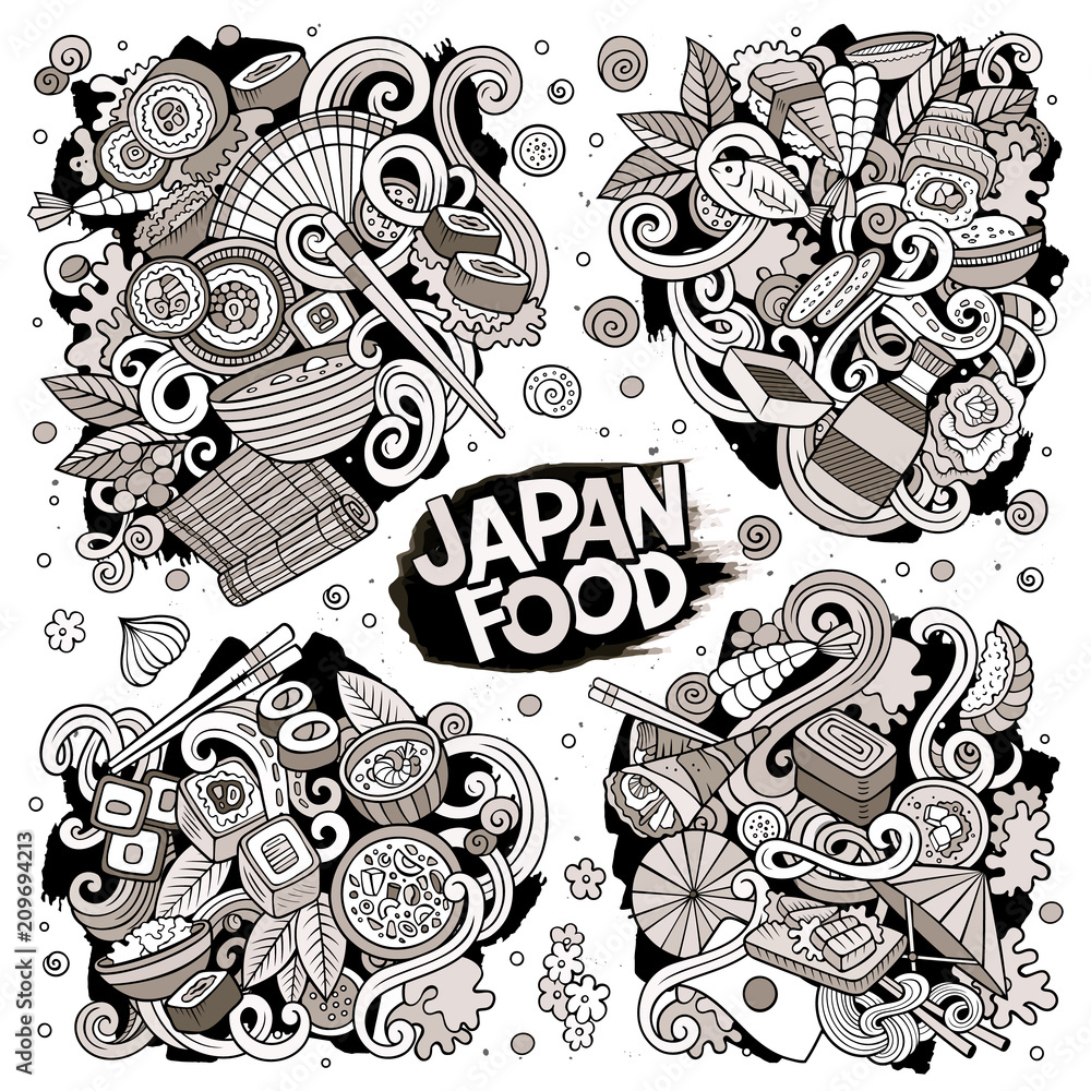 Vector hand drawn doodles cartoon set of Japan food combinations of objects