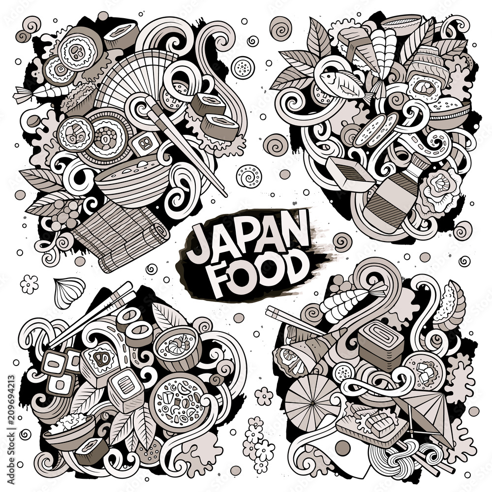 Vector hand drawn doodles cartoon set of Japan food combinations of objects Vector hand drawn doodles cartoon set of Japan food combinations of objects