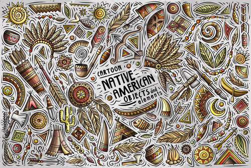 Colorful vector hand drawn doodle cartoon set of Native American objects