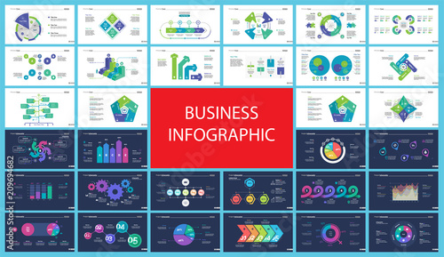 Creative business infographic slide templates set can be used for annual report, web design, workflow layout. Management concept. Option, comparison, donut, area, organizational charts, flowchart