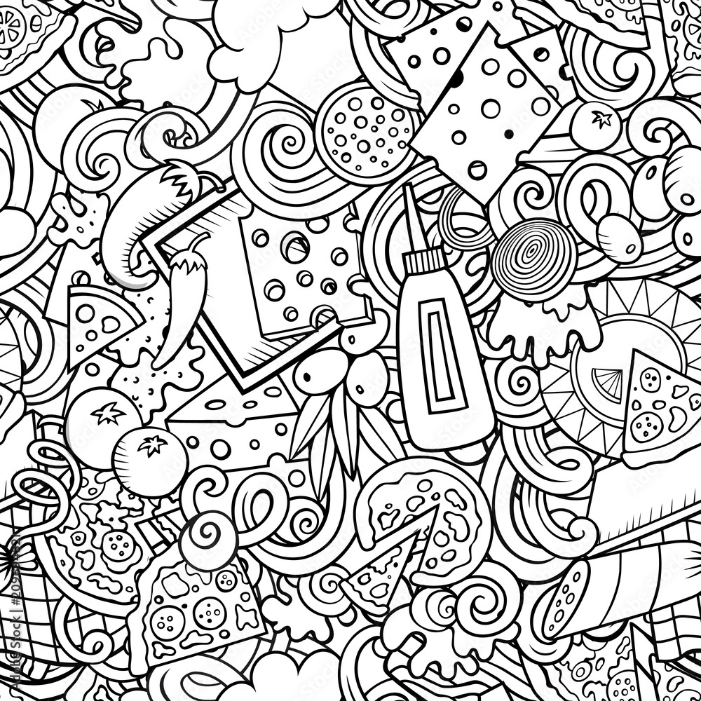 Cartoon cute doodles hand drawn Pizza seamless pattern