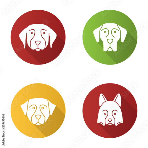 Dogs breeds flat design long shadow glyph icons set