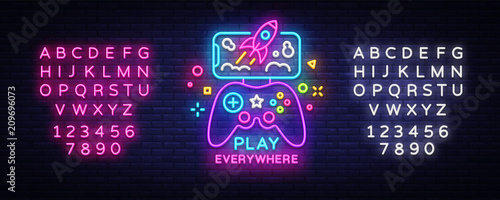 Gamepad and Smartphone neon sign vector. Games for Smartphone Logotype, Emblem in Modern Trend Design, Vector Template, Light Banner, Night Vivid Video Game Promotion. Vector. Editing text neon sign