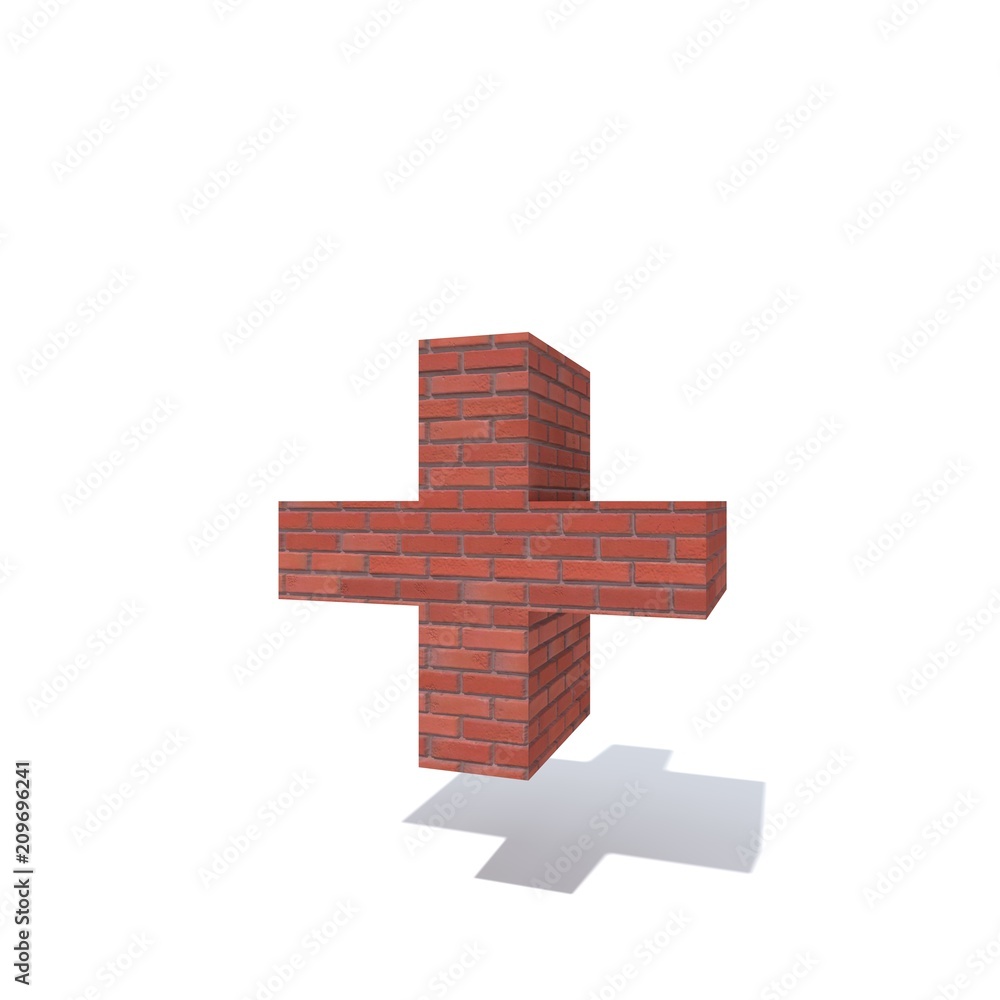 Fototapeta premium Conceptual red heavy rough masonry constructed font or type, brick construction industry piece isolated white background. Educative architecture material, aged texture surface 3D illustration design