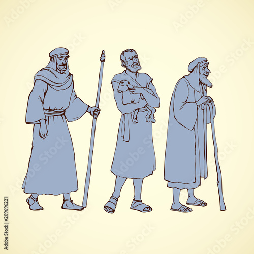 Shepherd holding a lamb. Vector drawing