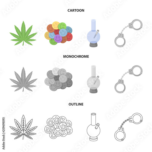 Hemp leaf, ecstasy pill, handcuffs, bong.Drug set collection icons in cartoon,outline,monochrome style vector symbol stock illustration web.