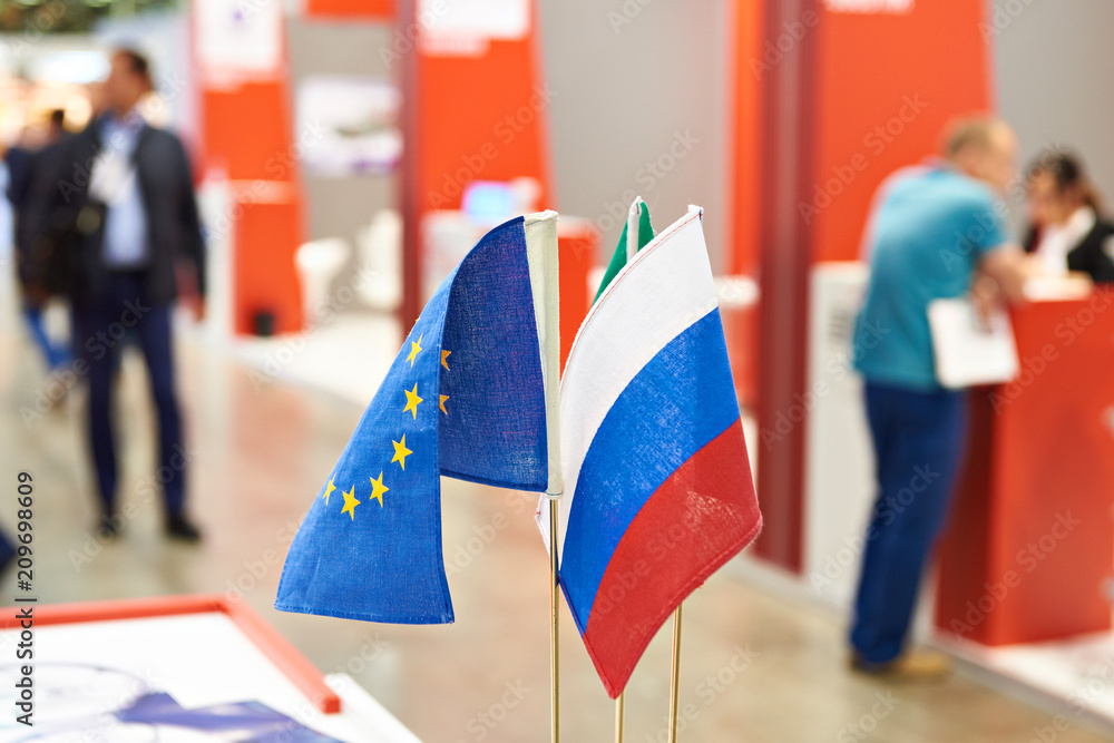Flags of Russia and European Union on exhibition