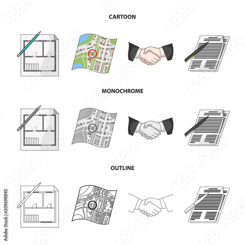 House plan, documents for signing, handshake, terrain plan. Realtor set collection icons in cartoon,outline,monochrome style vector symbol stock illustration web.