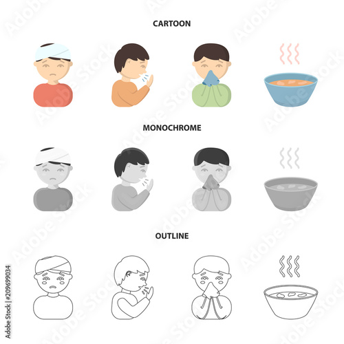 A man with a bandaged head, a man coughing, a man snorts a snot, a bowl, a bowl of hot broth into a handkerchief. Sick set collection icons in cartoon,outline,monochrome style vector symbol stock