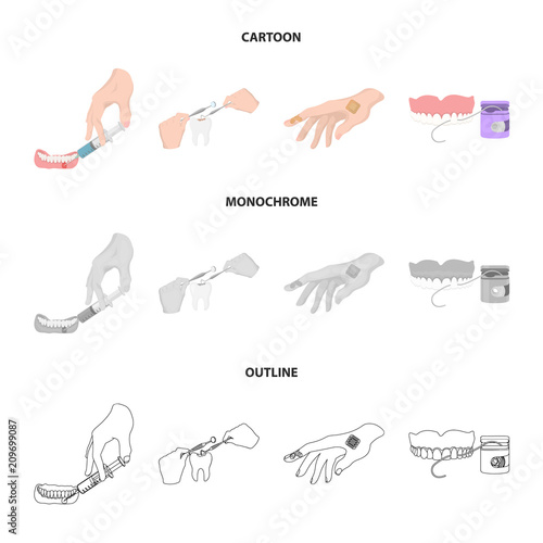 Anesthetic injection, dental instrument, hand manipulation, tooth cleaning and other web icon in cartoon,outline,monochrome style.bactericidal plaster, medicine icons in set collection.