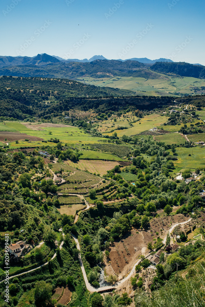 The view of the mountains and countryside seen from Ronda in Andalusia, Spain.