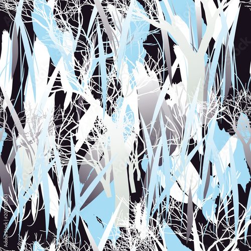 Military camouflage texture with trees, branches, grass and watercolor stains