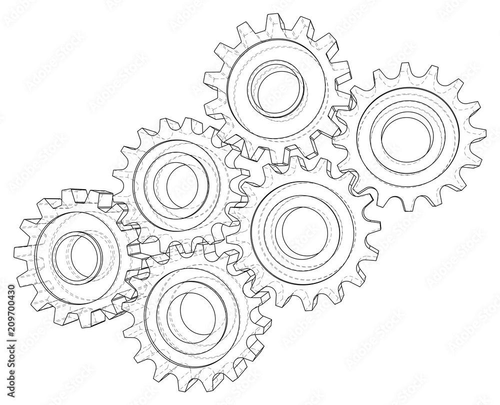 Cogs and Gears. Vector rendering of 3d. Wire-frame style. Cogs and Gears. Vector rendering of 3d. Wire-frame style.