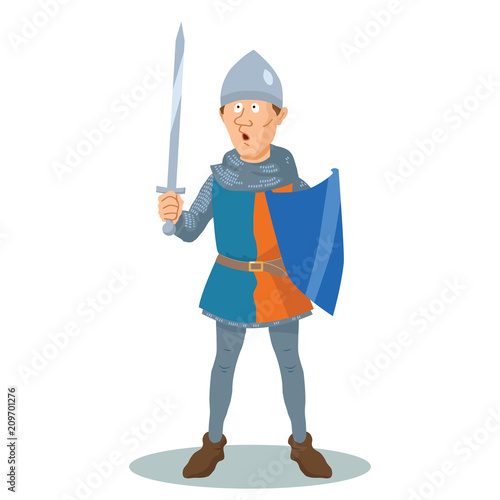 Cartoon knight in chain mail with a shield and a sword
