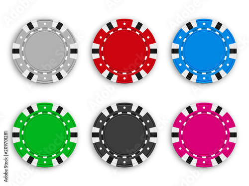 Set of colored chips for poker and casino. Realistic vector illustration.