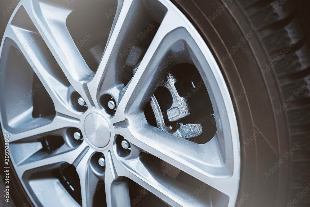 car wheel. disc brakes. caliper and pads. car wheel. disc brakes. caliper and pads.