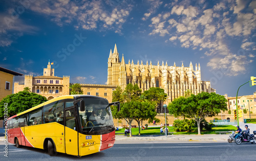 Cityscape of the Capital in Palma de Mallorca with tourist bus line and the famous architecture, La Seu Cathedral