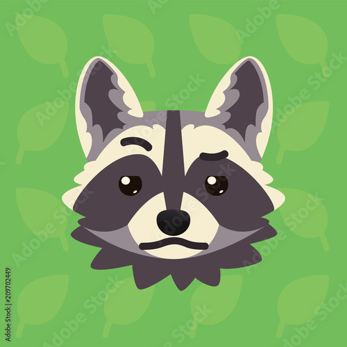 Racoon emotional head. Vector illustration of cute coon shows distrust emotion. Doubt emoji. Smiley icon. Print, chat, communication. Grey raccoon in flat cartoon style on green background. Skeptical