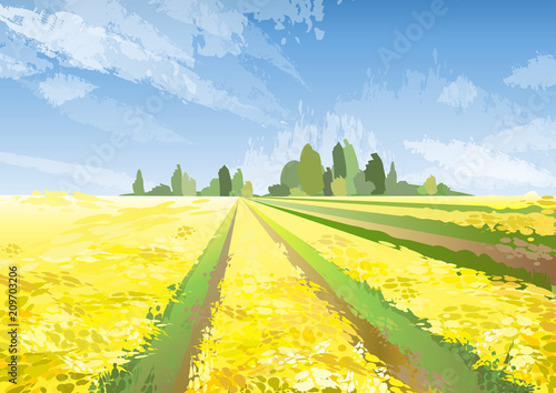 Landscape with yellow wheat fields. Vector colorful illustration.