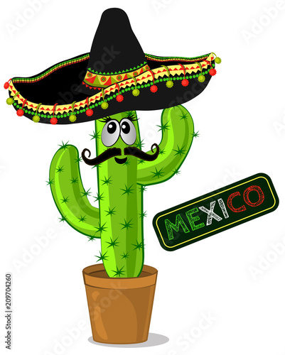 Cartoon cactus with a mustache and sombrero . Mexican funny cactus with muzzle in a pot. Vector illustration.