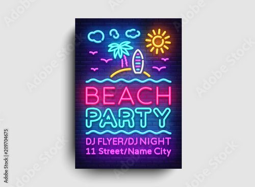 Beach party invitation card design template. Summer party poster in neon style, modern trend design, light banner, bright advertising party, neon typography. Vector illustration
