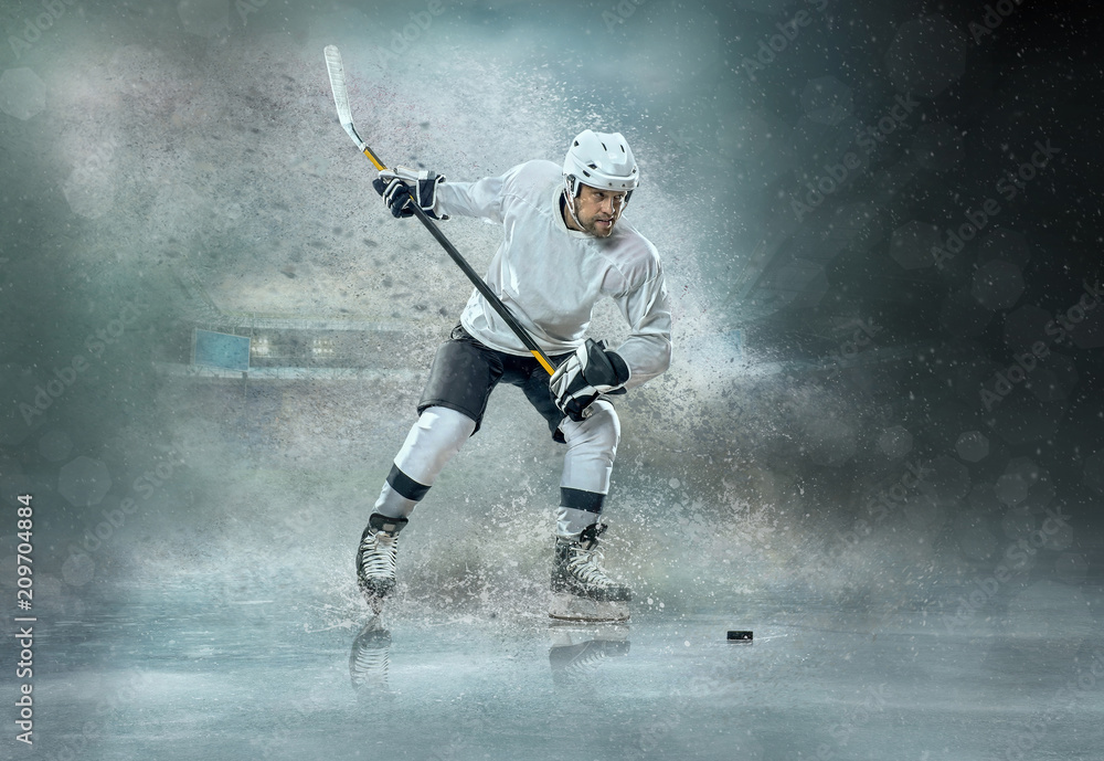 Caucasian ice hockey Players in dynamic action in a professional Caucasian ice hockey Players in dynamic action in a professional