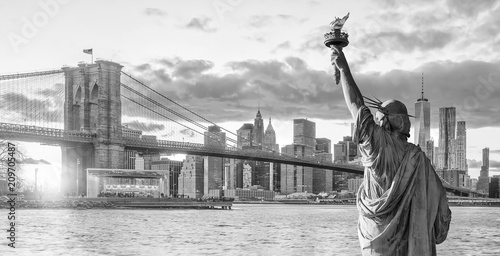 Statue Liberty and  New York city skyline black and white