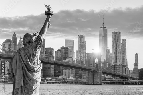 Statue Liberty and  New York city skyline black and white