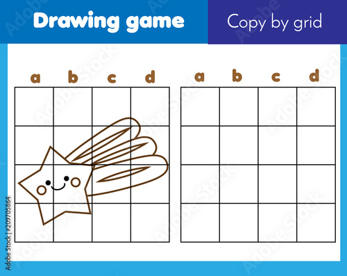 Grid copy game, complete the picture educational children game. Printable kids activity sheet with cute falling star