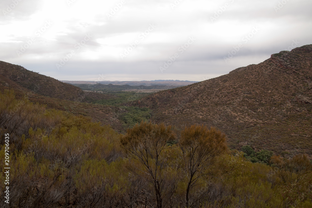 Wilpena Pound South Australia, panoramic view of Wilpena creek and gap in autumn