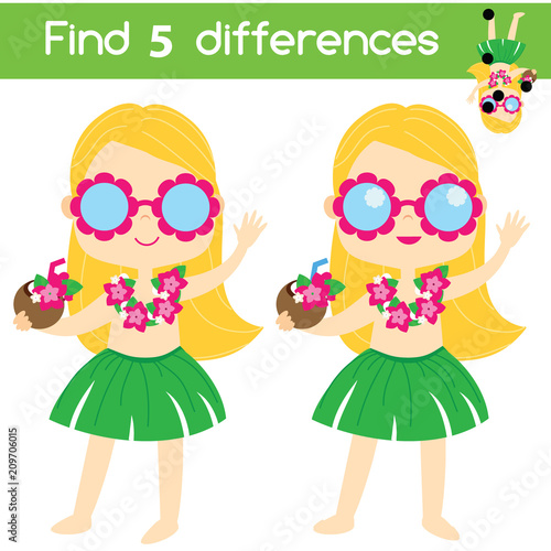 Find the differences educational children game with answer. Summer beach girl in hawaiian costume