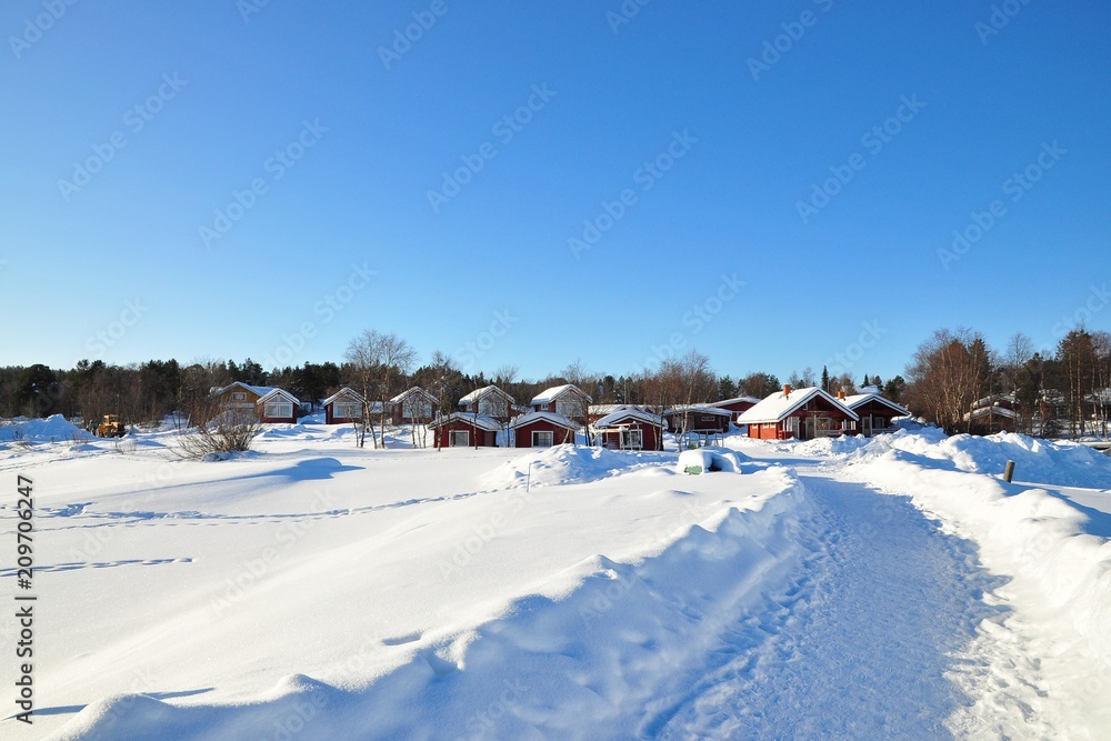 Cabins and snow in the North pole