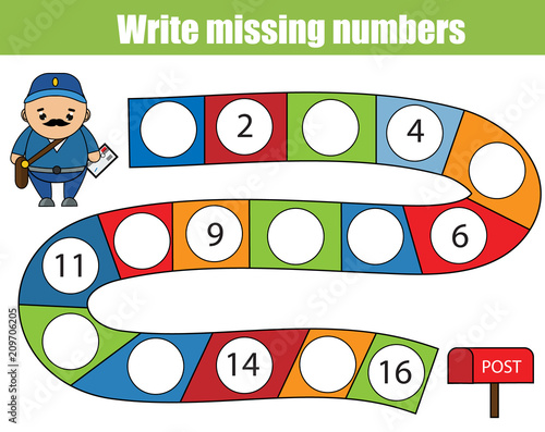 Mathematics educational game for children. Complete the row, write missing numbers