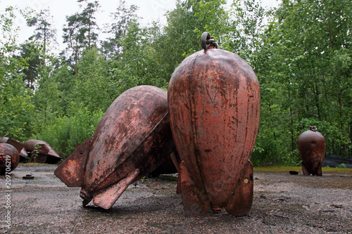 Sea mines stored in forest.