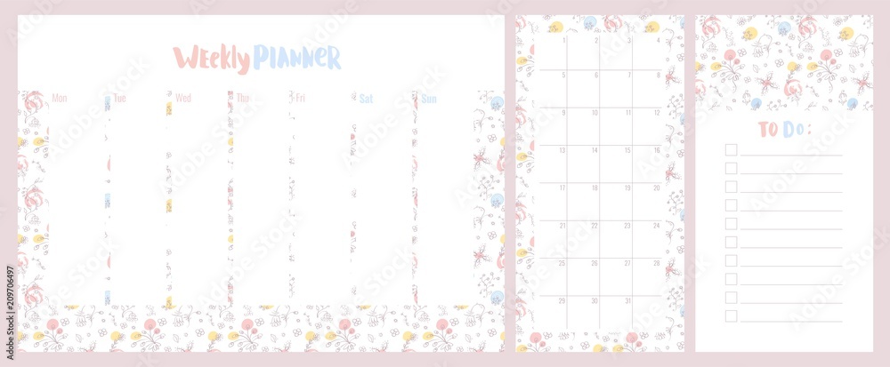Weekly, daily planner and to do list with cute pastel colored floral pattern. Vector illustration. Weekly, daily planner and to do list with cute pastel colored floral pattern. Vector illustration.
