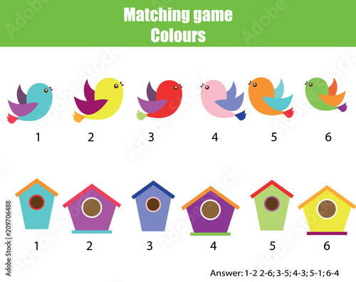 Educational children game. Matching game worksheet for kids. Match by color. Find pairs of birds and birdhouse. Learning colors, animals theme