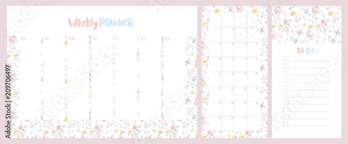Weekly, daily planner and to do list with cute pastel colored floral pattern. Vector illustration.
