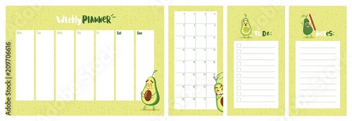 Weekly, daily planner and to do list with cute avocado character. Vector illustration.