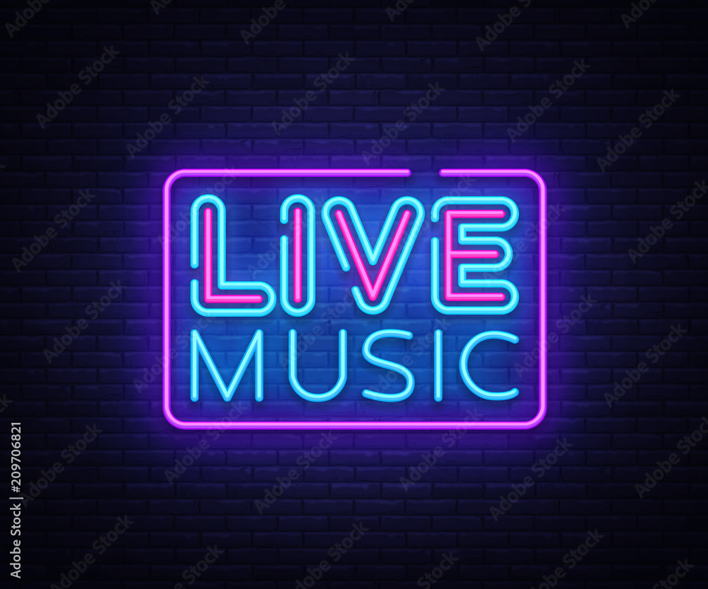 Obraz premium Live Music neon sign vector. Live Music design template neon sign, light banner, neon signboard, nightly bright advertising, light inscription. Vector illustration