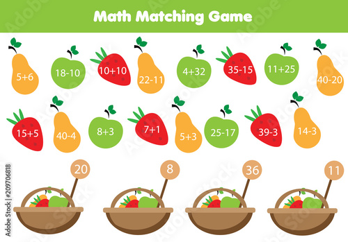 Math educational game for children. Matching mathematics activity. Counting fruits for kids.