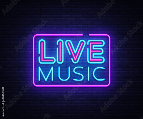 Live Music neon sign vector. Live Music design template neon sign, light banner, neon signboard, nightly bright advertising, light inscription. Vector illustration