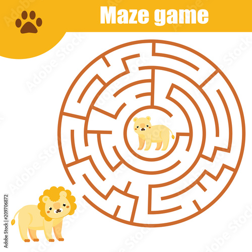 Maze children game: help the lion go through the labyrinth and find baby. Kids activity sheet