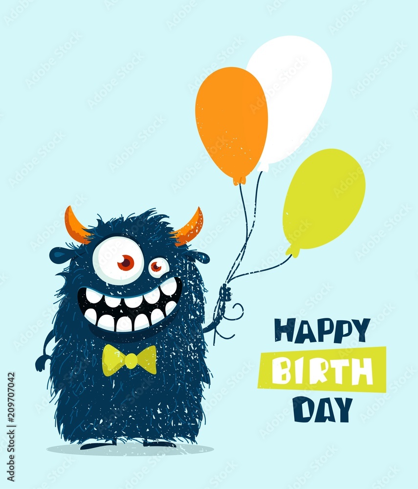 Funny cartoon monster with balloons. Happy birthday cute design. Vector  illustration Stock Vector | Adobe Stock